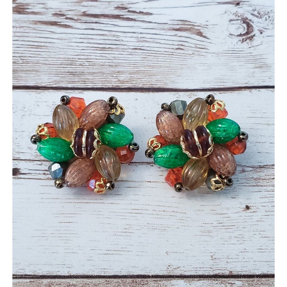 Vintage Clip On Earrings Green, Orange, Gold Tone, Red Cluster Stamped Germany